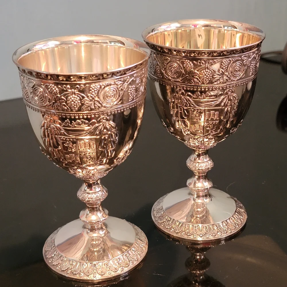 Vtg. Cornell Silver Plate Goblet Glasses w/ Ornate Coat Of Arms - Picture 1 of 5